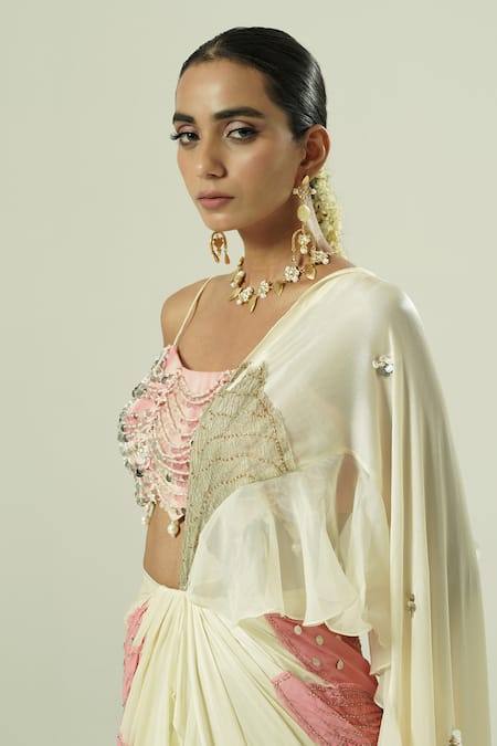 Shwetanga_Ivory Organza, Georgette, Satin Sequins, Ruffle Pre-draped Saree With Blouse _at_Aza_Fashions