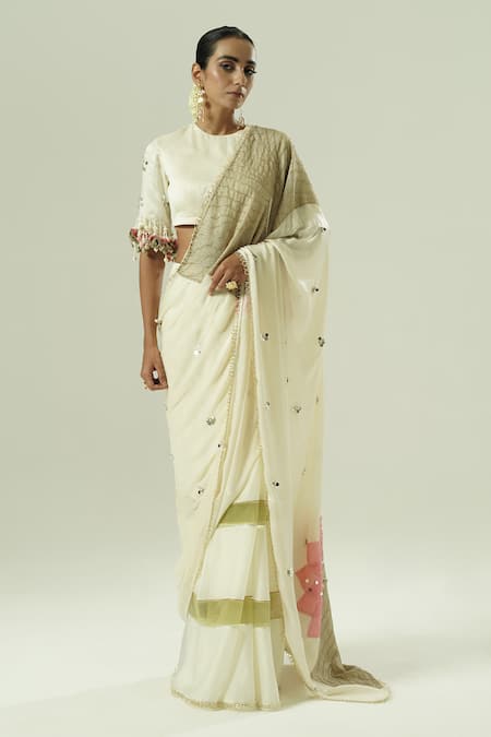 Shwetanga Pre-Draped Saree With Embroidered Blouse 