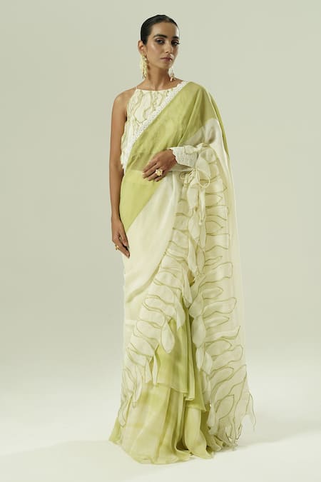 Shwetanga Pre-Draped Saree With Embroidered Blouse 