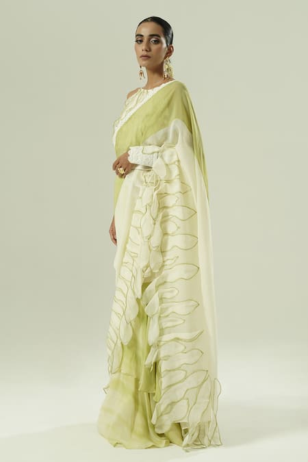 Buy_Shwetanga_Olive Green Organza Lace, Applique, Pre-draped Saree With Embroidered Blouse _Online_at_Aza_Fashions