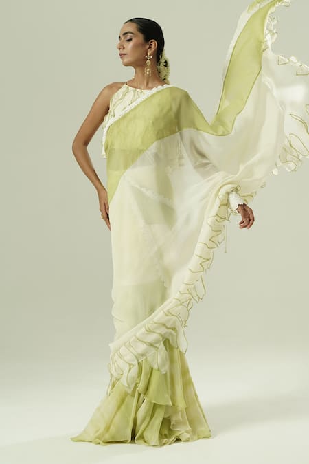 Shop_Shwetanga_Olive Green Organza Lace, Applique, Pre-draped Saree With Embroidered Blouse _Online_at_Aza_Fashions