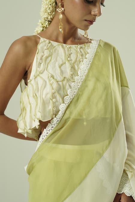 Buy_Shwetanga_Olive Green Organza Lace, Applique, Pre-draped Saree With Embroidered Blouse 
