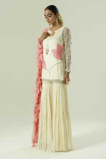 Shwetanga_Pink Organza, Georgette, Satin, Net Sequins, Mirrors, Applique Keyhole Kurta Set _Online_at_Aza_Fashions