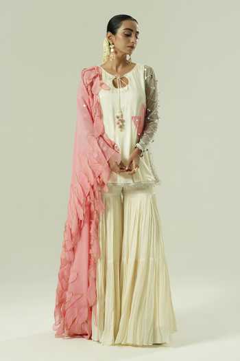 Buy_Shwetanga_Pink Organza, Georgette, Satin, Net Sequins, Mirrors, Applique Keyhole Kurta Set _Online_at_Aza_Fashions
