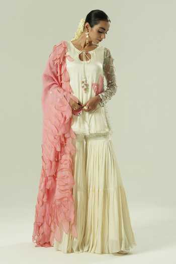 Shop_Shwetanga_Pink Organza, Georgette, Satin, Net Sequins, Mirrors, Applique Keyhole Kurta Set _Online_at_Aza_Fashions