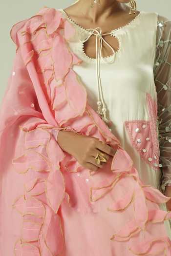 Buy_Shwetanga_Pink Organza, Georgette, Satin, Net Sequins, Mirrors, Applique Keyhole Kurta Set 
