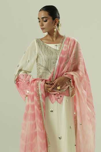 Shwetanga_Ivory Organza, Georgette, Satin Embroidery, Sequins, Mirrors, Floral Kurta Set _at_Aza_Fashions