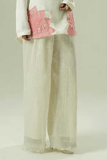 Shwetanga_Ivory Silk Embroidery, Sequins, Mirrors Mandarin Nysa Straight Kurta And Pant Set _Online_at_Aza_Fashions