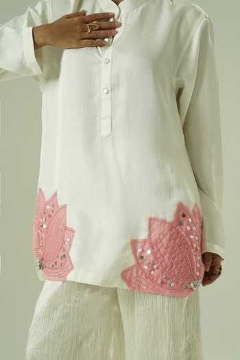 Shop_Shwetanga_Ivory Silk Embroidery, Sequins, Mirrors Mandarin Nysa Straight Kurta And Pant Set _Online_at_Aza_Fashions