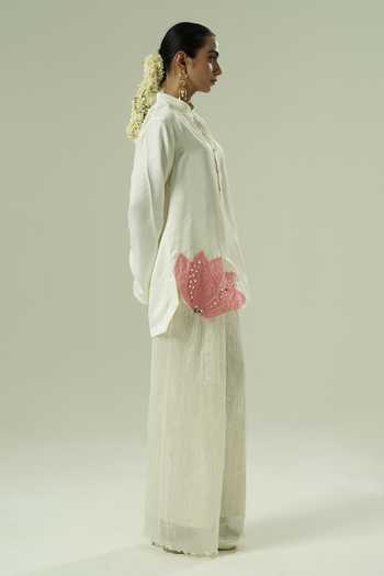 Shwetanga_Ivory Silk Embroidery, Sequins, Mirrors Mandarin Nysa Straight Kurta And Pant Set _at_Aza_Fashions