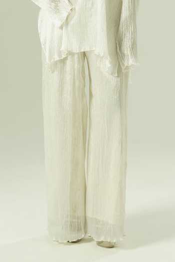 Shwetanga_Ivory Silk Mandarin Collar Asymmetric Short Kurta And Pant Set _Online_at_Aza_Fashions