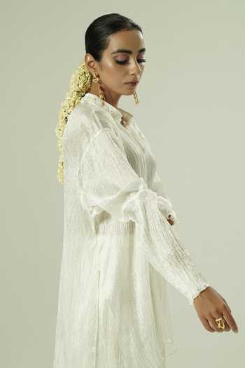 Buy_Shwetanga_Ivory Silk Mandarin Collar Asymmetric Short Kurta And Pant Set _Online_at_Aza_Fashions