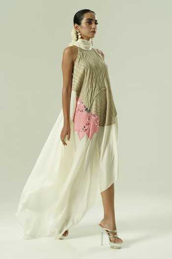 Buy_Shwetanga_Ivory Organza, Crepe Sequins, Beads, Zari, Mirrors Halter Embellished Dress _Online_at_Aza_Fashions