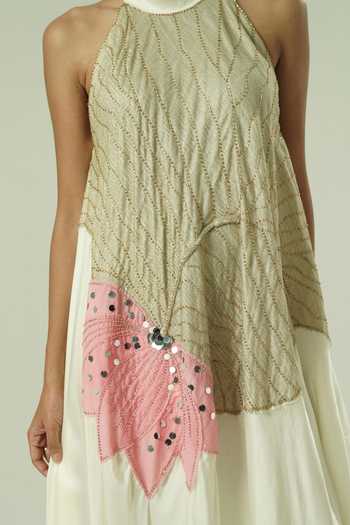 Shwetanga_Ivory Organza, Crepe Sequins, Beads, Zari, Mirrors Halter Embellished Dress _at_Aza_Fashions