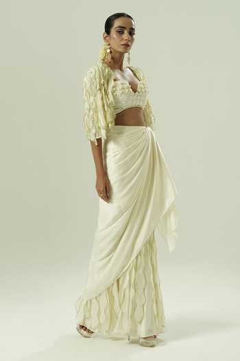 Shwetanga_Ivory Organza, Georgette, Crepe, Satin Pearls, Lace Embellished Cape Skirt Set _Online_at_Aza_Fashions