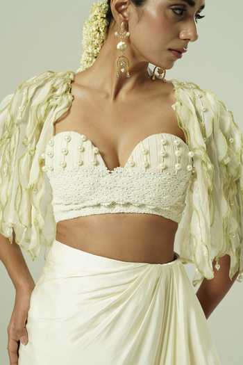 Buy_Shwetanga_Ivory Organza, Georgette, Crepe, Satin Pearls, Lace Embellished Cape Skirt Set _Online_at_Aza_Fashions