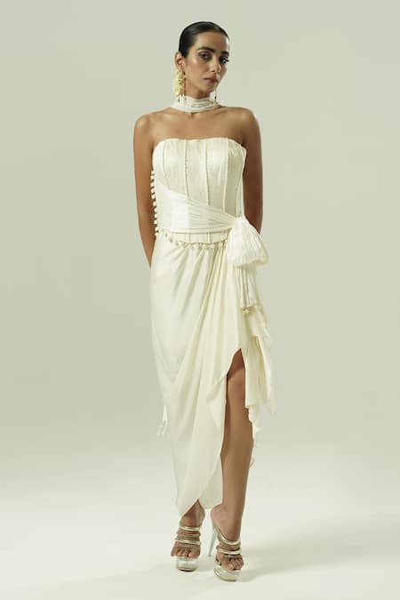 Shwetanga Satin Georgette Draped Corset & Skirt Set 