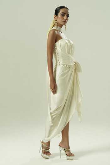 Shwetanga_Ivory Georgette Pearls Bandeau Neck Satin Draped Corset And Skirt Set _Online_at_Aza_Fashions