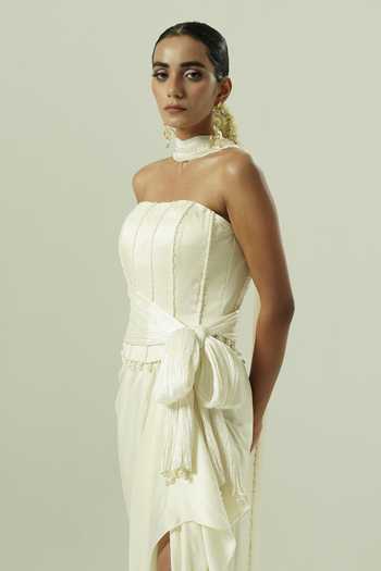 Shop_Shwetanga_Ivory Georgette Pearls Bandeau Neck Satin Draped Corset And Skirt Set _Online_at_Aza_Fashions
