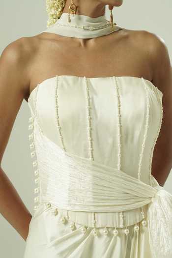 Shwetanga_Ivory Georgette Pearls Bandeau Neck Satin Draped Corset And Skirt Set _at_Aza_Fashions