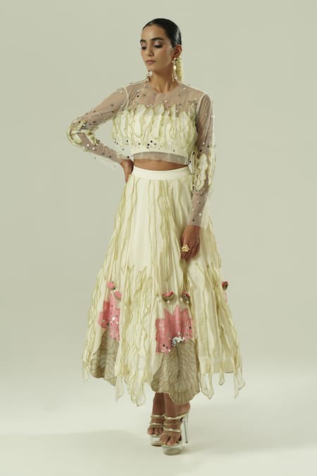 Shwetanga Embroidered Sheer Blouse & Skirt Set 