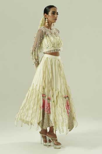 Shwetanga_Ivory Organza, Georgette, Net, Satin, Crepe Embroidery, Sheer Blouse And Skirt Set _Online_at_Aza_Fashions