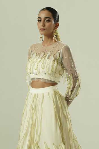 Buy_Shwetanga_Ivory Organza, Georgette, Net, Satin, Crepe Embroidery, Sheer Blouse And Skirt Set _Online_at_Aza_Fashions