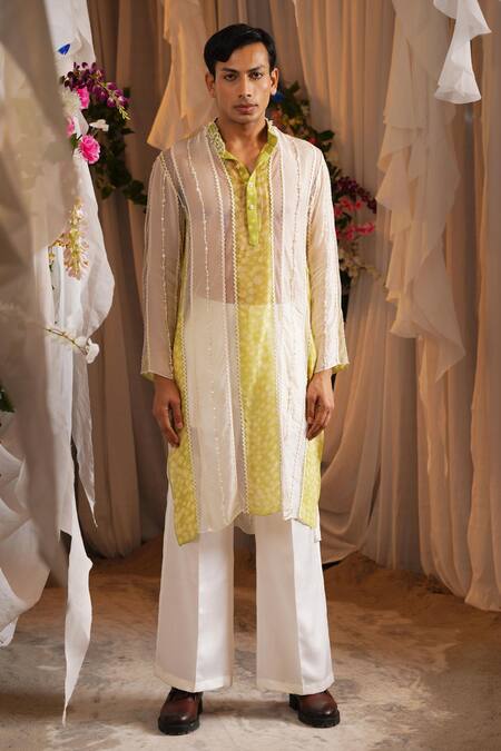 Shwetanga_Ivory Organza, Linen, Viscose Beads, Pearls Embroidered Kurta And Pant Set _Online_at_Aza_Fashions