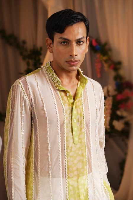 Buy_Shwetanga_Ivory Organza, Linen, Viscose Beads, Pearls Embroidered Kurta And Pant Set _Online_at_Aza_Fashions