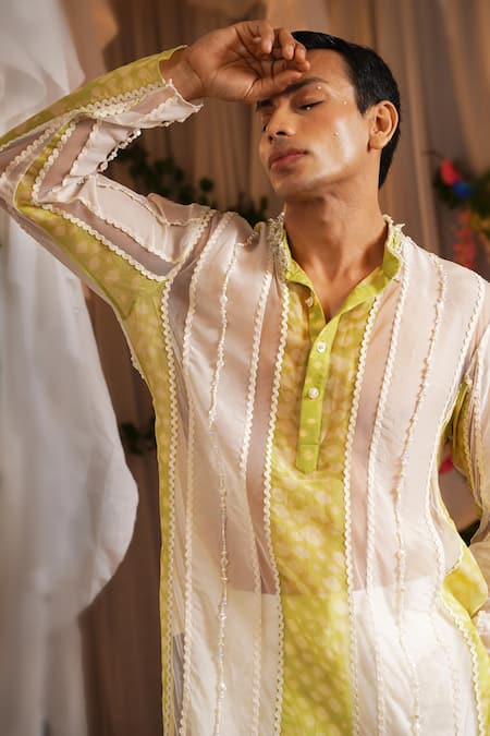 Shop_Shwetanga_Ivory Organza, Linen, Viscose Beads, Pearls Embroidered Kurta And Pant Set _Online_at_Aza_Fashions