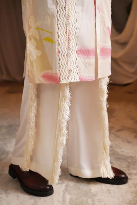 Shwetanga_Pink Cotton, Viscose, Linen Lace, Fringe Printed Kurta And Pant Set _Online_at_Aza_Fashions