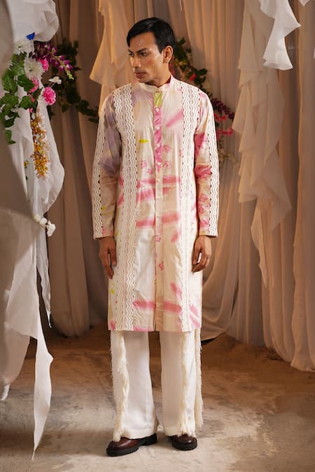 Shop_Shwetanga_Pink Cotton, Viscose, Linen Lace, Fringe Printed Kurta And Pant Set _Online_at_Aza_Fashions
