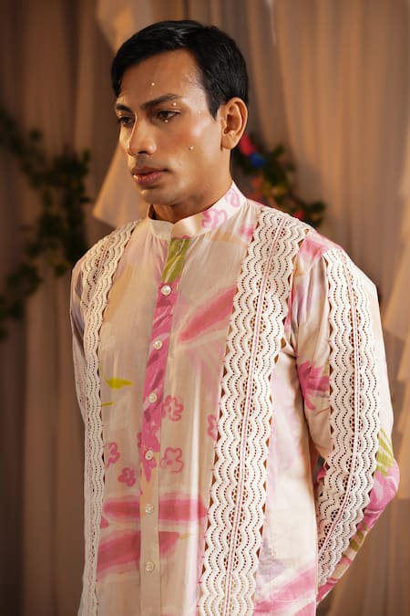 Shwetanga_Pink Cotton, Viscose, Linen Lace, Fringe Printed Kurta And Pant Set _at_Aza_Fashions