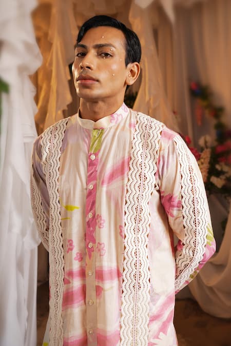 Buy_Shwetanga_Pink Cotton, Viscose, Linen Lace, Fringe Printed Kurta And Pant Set 