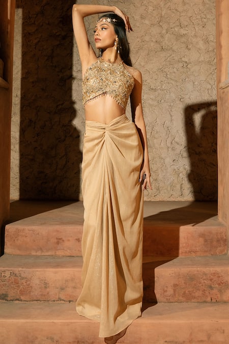 Silky Bindra_Gold Organza, Georgette, Shantoon Embroidery, Sequins, Kleio Draped Skirt Set _Online_at_Aza_Fashions