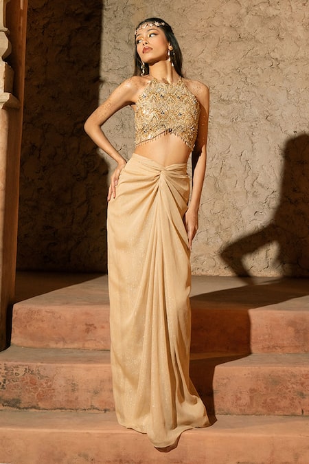 Buy_Silky Bindra_Gold Organza, Georgette, Shantoon Embroidery, Sequins, Kleio Draped Skirt Set _Online_at_Aza_Fashions