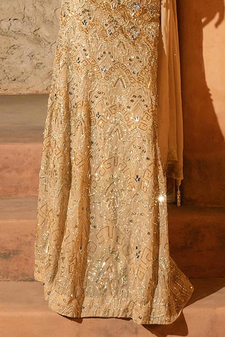 Silky Bindra_Gold Organza, Shantoon Embroidery, Sequins, Stones, Midas Skirt Set With Stole _Online_at_Aza_Fashions