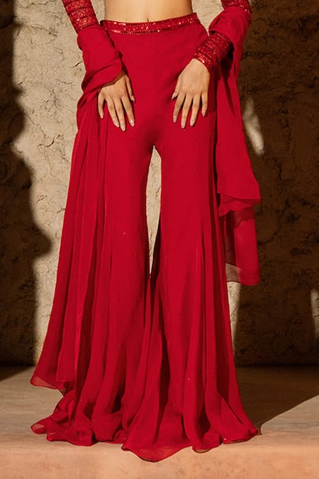 Silky Bindra_Red Organza, Net, Shantoon Embroidery Eleni Embellished Flared Pant Set _Online_at_Aza_Fashions