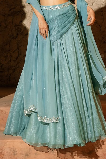 Silky Bindra_Blue Organza, Chiffon, Shantoon Embroidery, Araxie Mix Media Lehenga Set _Online_at_Aza_Fashions
