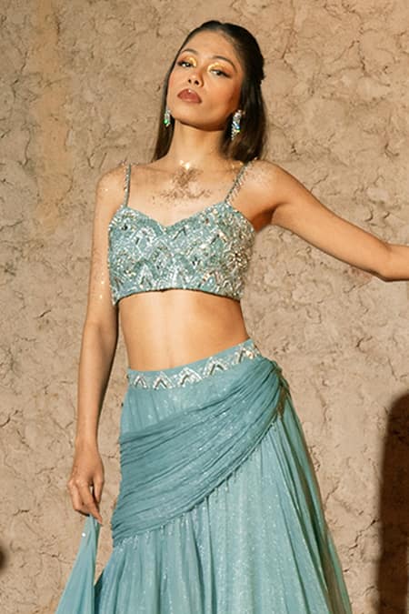 Buy_Silky Bindra_Blue Organza, Chiffon, Shantoon Embroidery, Araxie Mix Media Lehenga Set _Online_at_Aza_Fashions