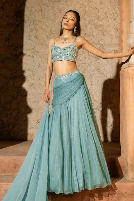 Shop_Silky Bindra_Blue Organza, Chiffon, Shantoon Embroidery, Araxie Mix Media Lehenga Set _Online_at_Aza_Fashions