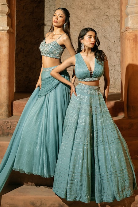 Buy_Silky Bindra_Blue Organza, Chiffon, Shantoon Embroidery, Araxie Mix Media Lehenga Set 