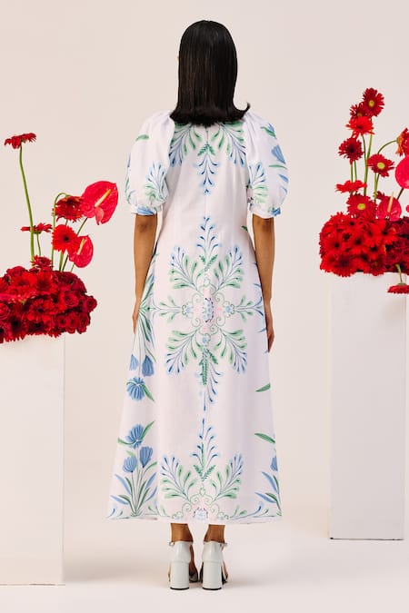 Therealb White Linen Floral Print Midi Dress 