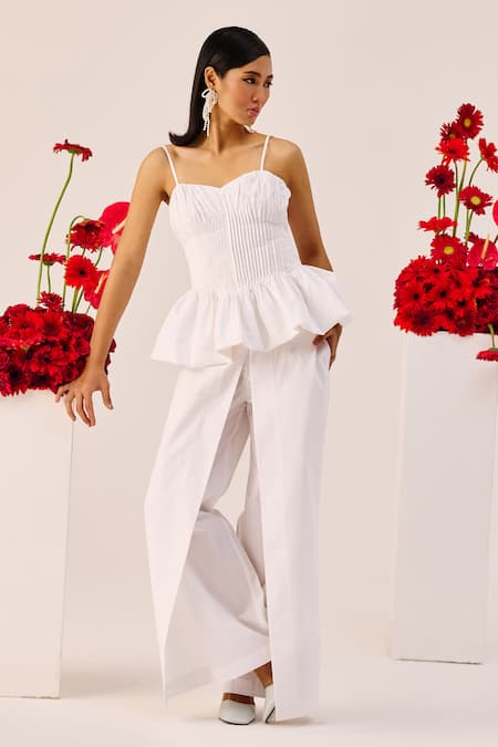 Therealb White Peplum Cotton Top & Pant Set 