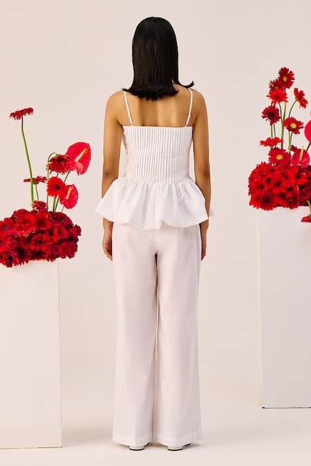 Therealb White Peplum Cotton Top & Pant Set 