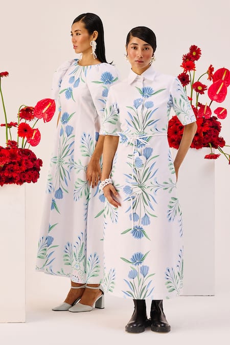 Therealb_White Linen Collared Botanical Print Midi Dress _Online_at_Aza_Fashions