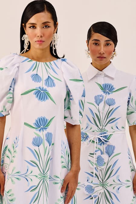 Buy_Therealb_White Linen Collared Botanical Print Midi Dress _Online_at_Aza_Fashions