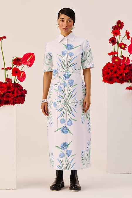 Therealb_White Linen Collared Botanical Print Midi Dress _at_Aza_Fashions