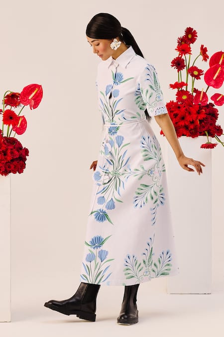 Buy_Therealb_White Linen Collared Botanical Print Midi Dress 