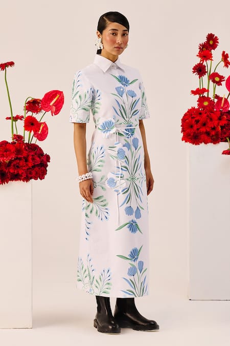 Shop_Therealb_White Linen Collared Botanical Print Midi Dress 